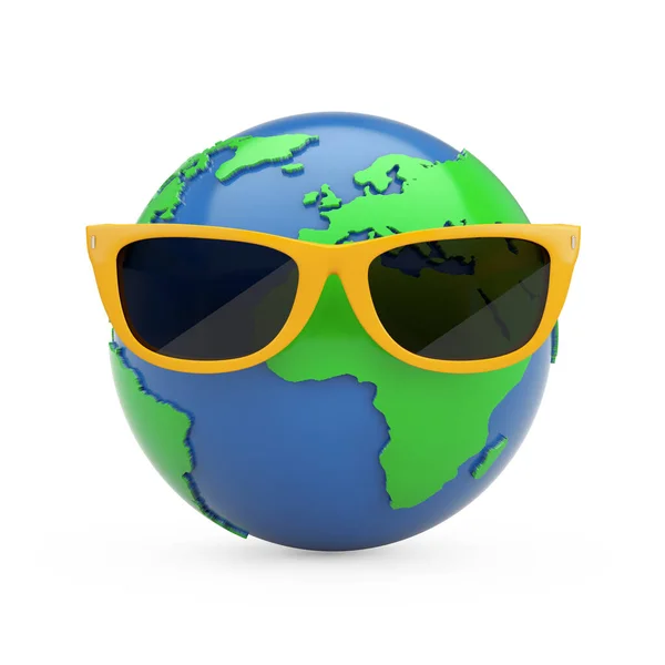 白い背景に黄色の夏のサングラスで地球の球 3Dレンダリング — ストック写真