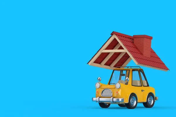 Amarelo Cartoon Car Red Telha Telhado Fundo Azul Renderização — Fotografia de Stock