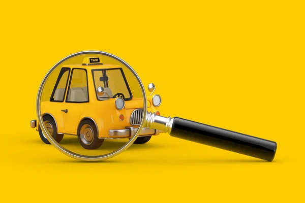 Gele Cartoon Auto Met Zoek Vergrootglas Loupe Tool Instrument Een — Stockfoto