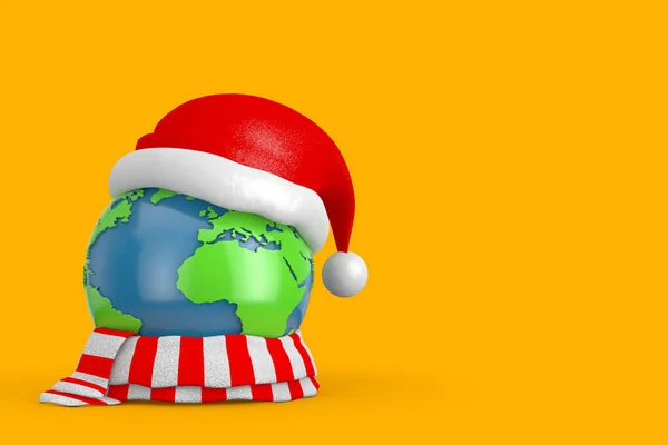 Erdkugel Mit Roter Weihnachtsmütze Und Schal Auf Gelbem Hintergrund Darstellung — Stockfoto