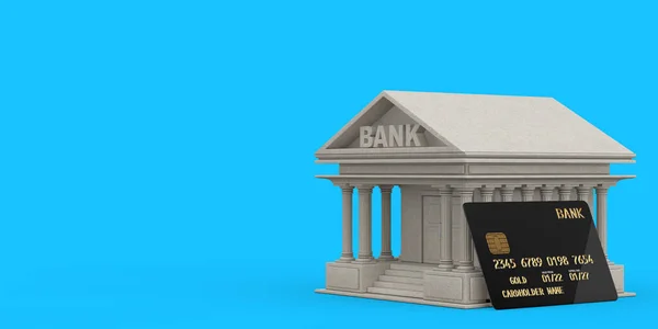 混凝土银行大楼和黑色塑料金卡与芯片蓝色背景 3D渲染 — 图库照片