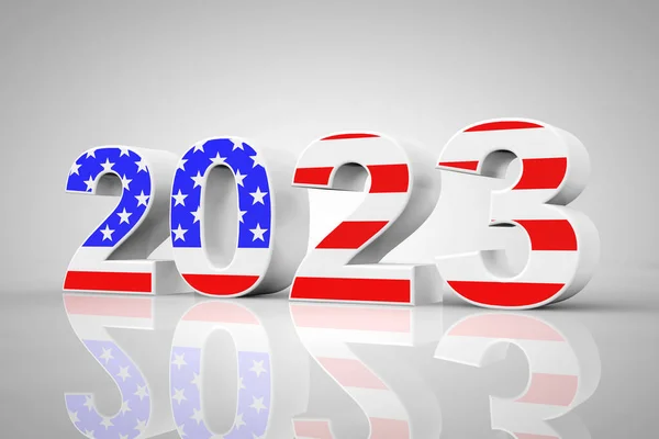 Año Nuevo 2023 Firma Como Usa Bandera Sobre Fondo Gris — Foto de Stock