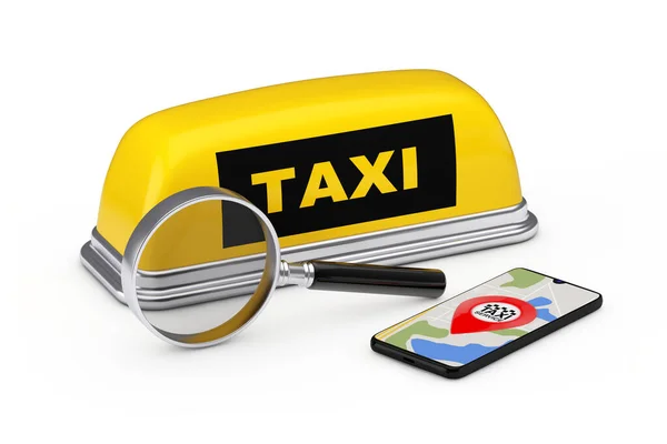 Hledat Zvětšující Sklo Loupe Nástroj Nástroj Žlutá Taxi Auto Střešní — Stock fotografie