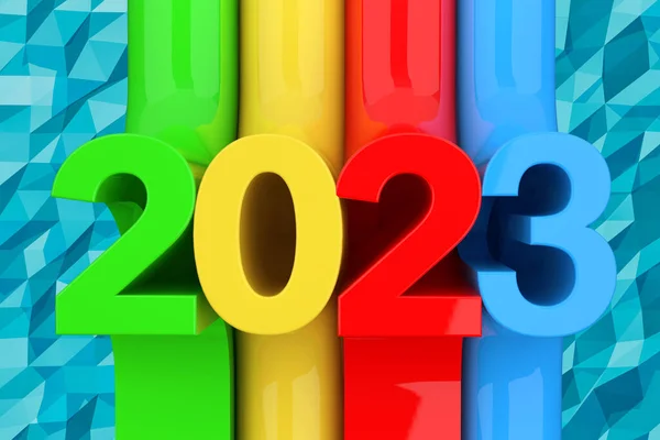 Abstract Novo 2023 Ano Assine Sobre Fundo Azul Lowpoly Renderização — Fotografia de Stock