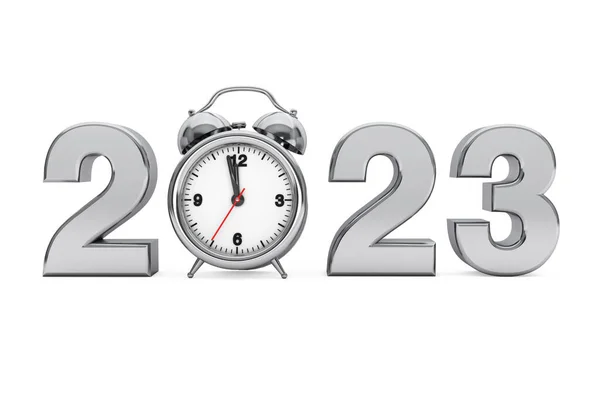 Neujahrskonzept 2023 2023 Stahlschild Mit Wecker Auf Weißem Hintergrund Darstellung — Stockfoto