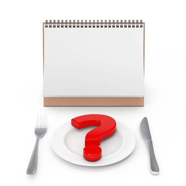 Desk Calendar Fork Knife Plate Question Mark White Background Rendering — Stock Photo, Image