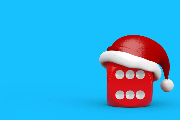 红色游戏骰子与红色圣诞老人帽子蓝色背景的立方体 3D渲染 — 图库照片