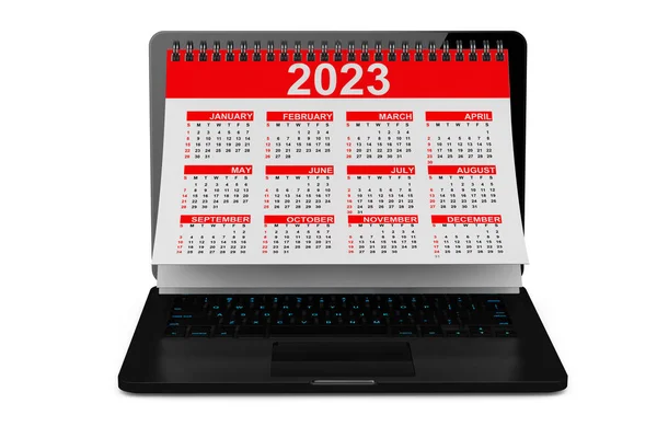 2023 Naptár Laptop Képernyőn Fehér Alapon Kiolvasztás — Stock Fotó