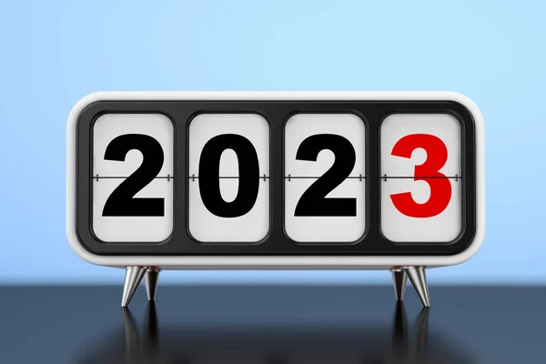 Retro Flip Clock with 2023 New Year Sign on a blue background. 3d Rendering