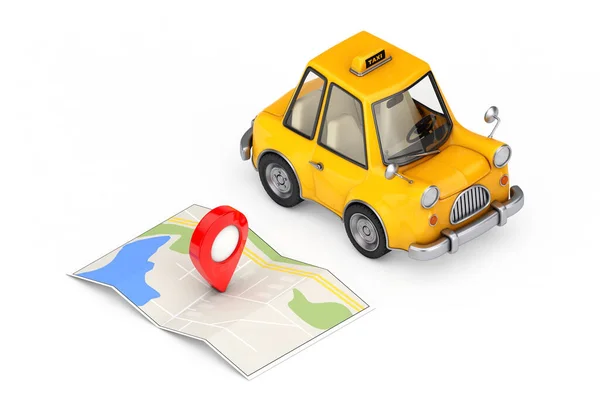 黄色卡通出租汽车靠近折叠抽象导航图与目标地图指针在白色背景 3D渲染 — 图库照片