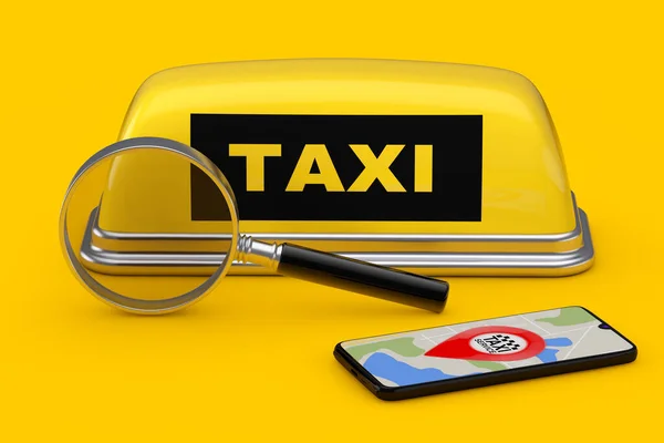 Sarı Arka Planda Büyüteç Loupe Alet Aracı Sarı Taksi Çatı — Stok fotoğraf