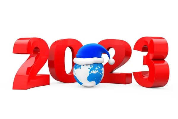 2023 Nieuwjaarsconcept Santa Hat Earth Globe Een Witte Achtergrond Rendering — Stockfoto