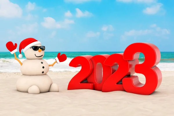Sandy Natale Pupazzo Neve Sunny Beach Con 2023 Capodanno Segno — Foto Stock