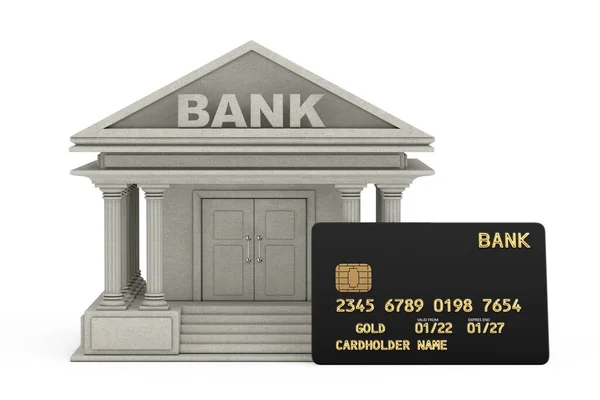 混凝土银行大楼和黑色塑料金卡与芯片白色背景 3D渲染 — 图库照片