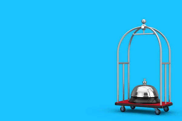 Silver Chrome Luxury Hotel Luggage Trolley Cart with Service Bell on a blue background. 3d Rendering