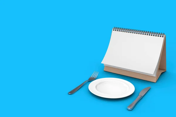 Blank Desk Calendar Fork Knife Empty Plate Blue Background Rendering — Stock Photo, Image