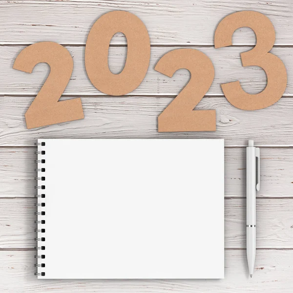 Картофель Номера 2023 Новым Годом Знак Рядом Белой Спиральной Бумаги — стоковое фото