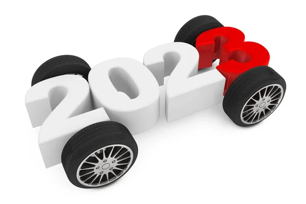 Conceito 2023 Anos Com Rodas Carro Fundo Branco Renderização — Fotografia de Stock