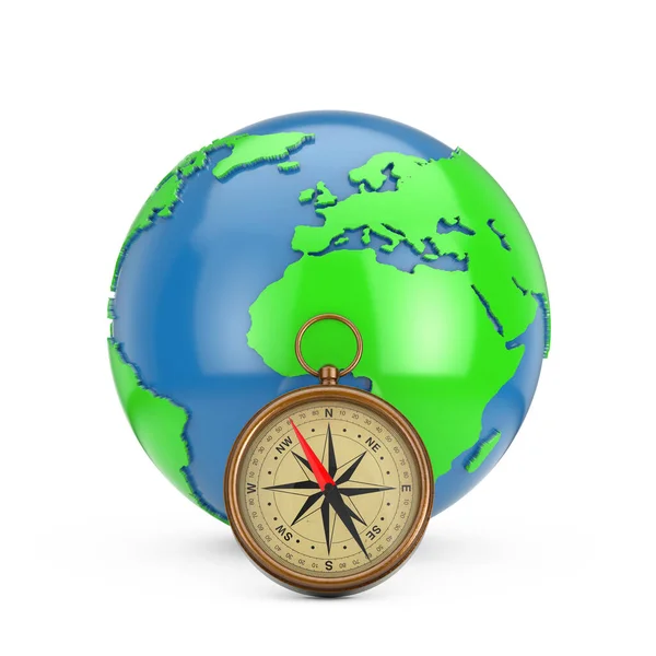 Earth Globe Błyszczący Brązowy Kompas Vintage Windrose Białym Tle Renderowanie — Zdjęcie stockowe