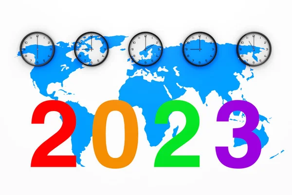 Набор Часов Другим Временем Синей Картой Мира Новым Знаком 2023 — стоковое фото
