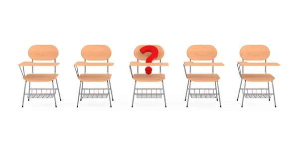 一排排的伍登讲座学校或学院课桌 有椅子 一排有白色背景的红色问号 3D渲染 — 图库照片