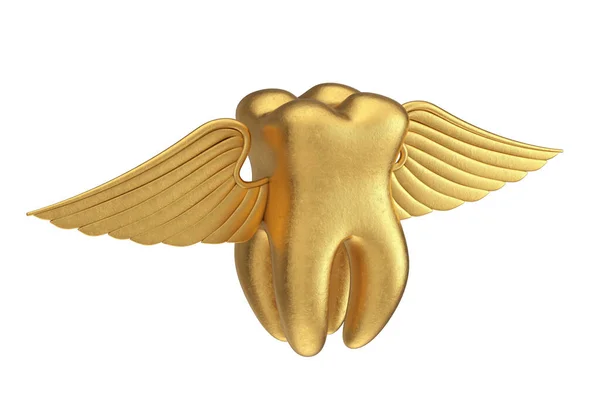 白い背景に天使の翼を持つ黄金の歯 3Dレンダリング — ストック写真