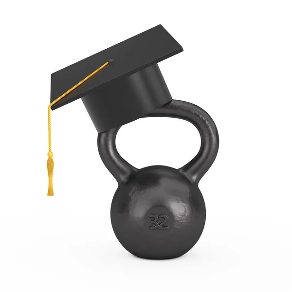 Graduation Academic Cap Über Iron Kettlebell Auf Weißem Hintergrund Darstellung — Stockfoto