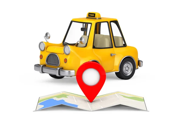 Yellow Cartoon Taxi Car Folded Abstract Navigatiekaart Met Target Map — Stockfoto