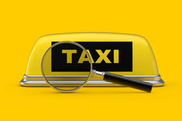 Sarı Arka Planda Sarı Taksi Çatı Tabelası Olan Büyüteç Loupe — Stok fotoğraf