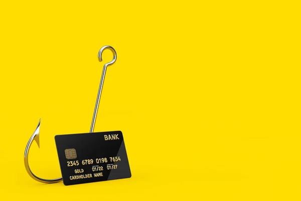 Stainless Steel Fishing Hook near Black Plastic Golden Credit Card with Chip on a yellow background. 3d Rendering