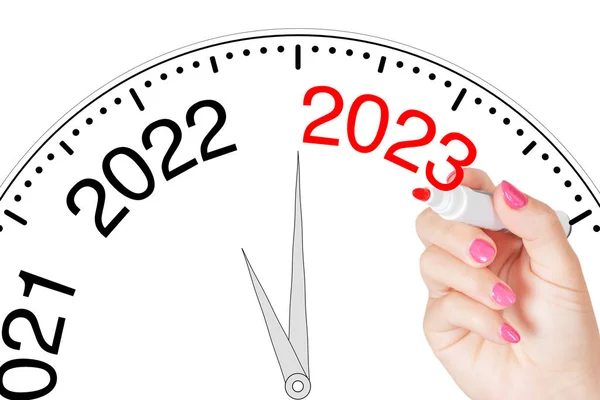 Woman Hand Writing New 2023 Year Message Red Marker Transparent — Stockfoto