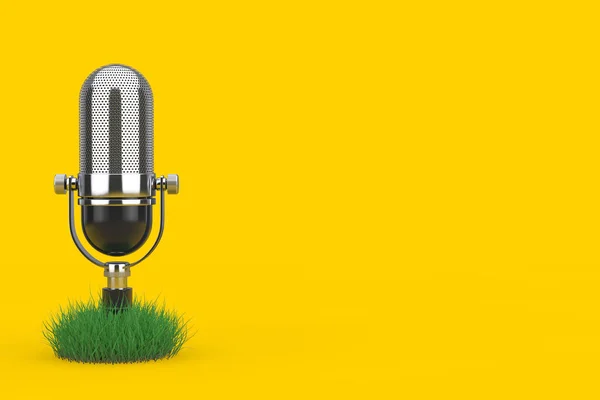 Vintage Mikrofon Mit Grass Auf Gelbem Hintergrund Darstellung — Stockfoto