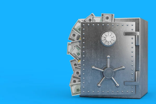 保险柜或钢制银行保险柜 装有蓝色背景的美元钞票 3D渲染 — 图库照片