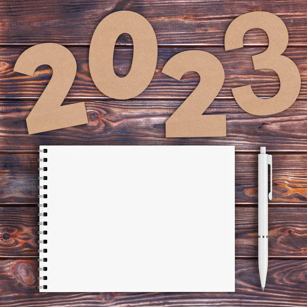 Картофель Номера 2023 Новым Годом Знак Рядом Белой Спиральной Бумаги — стоковое фото