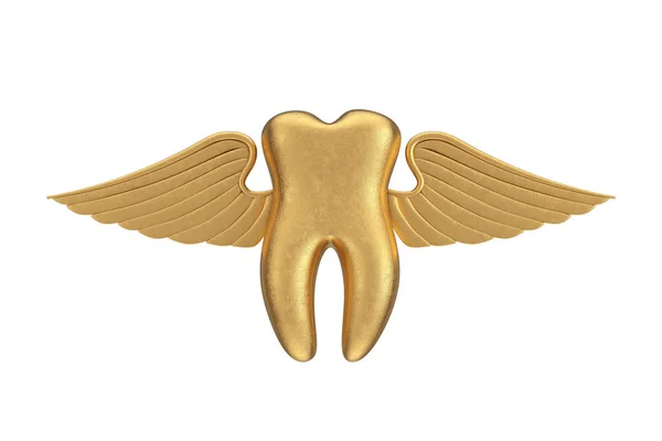 Goldener Zahn Mit Engelsflügeln Auf Weißem Hintergrund Darstellung — Stockfoto
