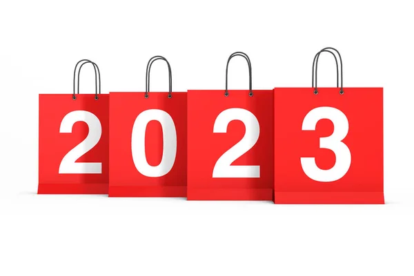 Τσάντες Αγορών 2023 Πρωτοχρονιά Εγγραφείτε Ένα Λευκό Φόντο Απόδοση — Φωτογραφία Αρχείου