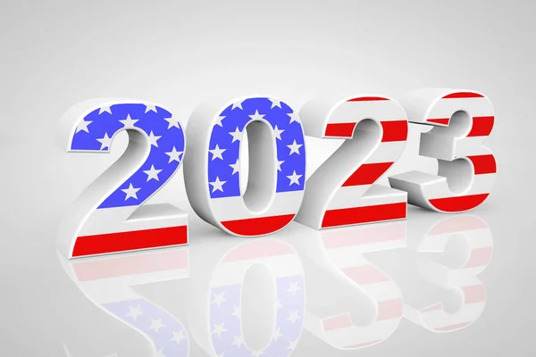 Ano Novo 2023 Assine Como Eua Bandeira Fundo Cinza Renderização — Fotografia de Stock