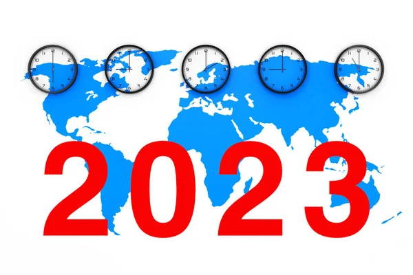 Set of Clocks with Different World Time, Blue World Map and New 2023 Year Sign on a white background. 3d Rendering