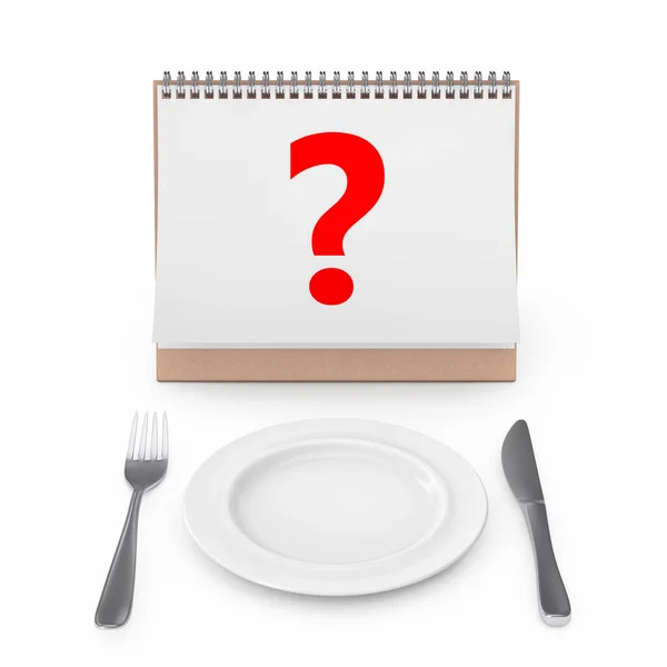 Desk Calendar Question Mark Fork Knife Empty Plate White Background — Stock Photo, Image