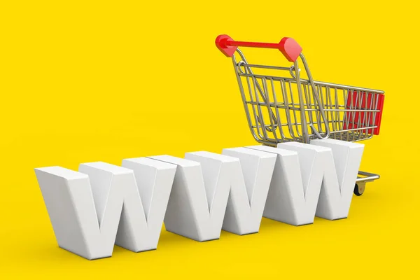 Shopping Cart Trolley Www White Sign Yellow Background Rendering — Stock Photo, Image