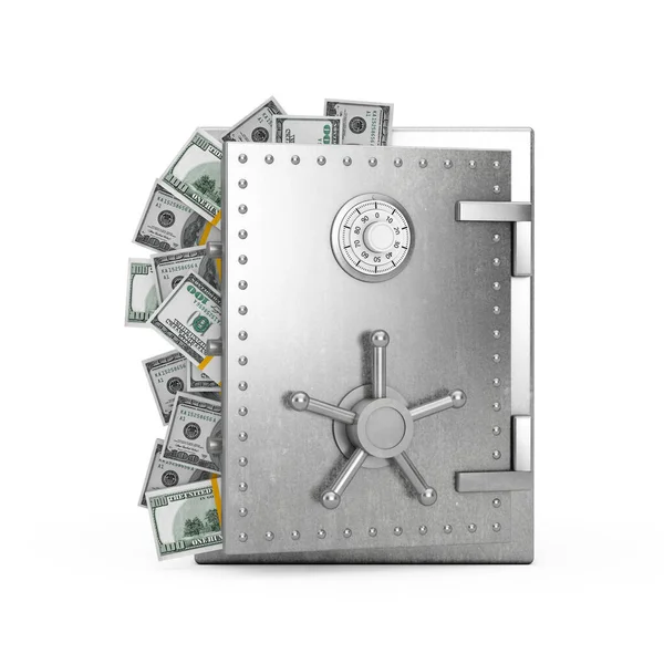 Сейф Vault Steel Bank Набитый Долларовыми Банкнотами Белом Фоне Рендеринг — стоковое фото