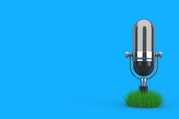 Vintage Mikrofon Mit Grass Auf Blauem Hintergrund Darstellung — Stockfoto