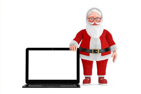 Cartoon Cheerful Santa Claus Granpa Modern Laptop Computer Notebook Blank — Stock Photo, Image