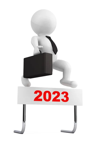 Empresário Saltar Sobre 2023 Ano Barreira Sobre Fundo Branco Renderização — Fotografia de Stock