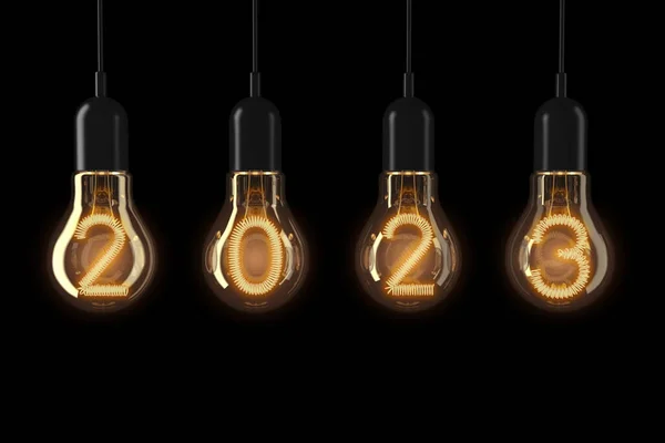 Light Bulbs Illuminated 2023 New Year Black Background Rendering — Stock Photo, Image