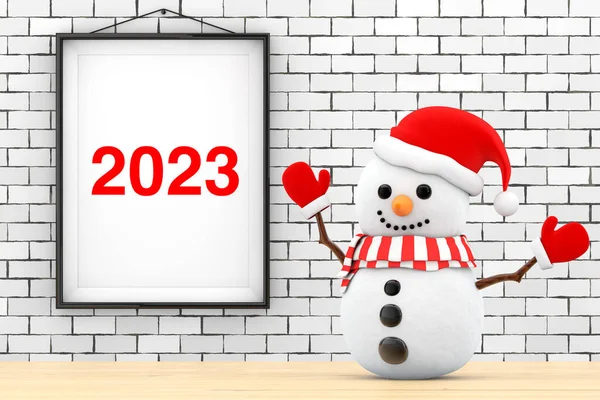 Snowman in front of Brick Wall with Frame 2023 Sign extreme closeup. 3d Rendering