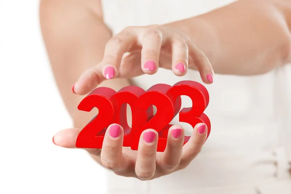 Two Woman Hands Protecting 2023 New Year Sign White Background — Stock Photo, Image
