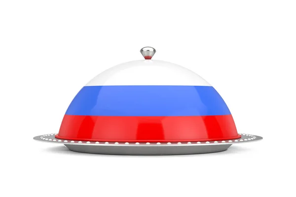 ロシア料理の概念 白地にロシアンフラッグのあるシルバープレートとフードカバーレストランクロッシュ 3Dレンダリング — ストック写真