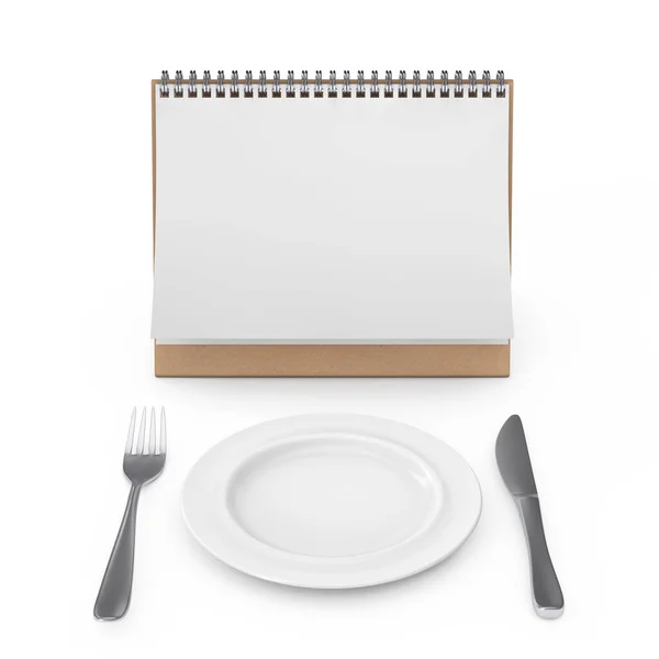 Blank Desk Calendar Fork Knife Empty Plate White Background Rendering — Stock Photo, Image