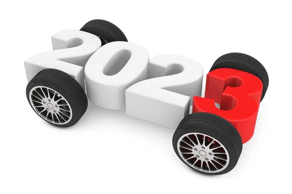 Conceito 2023 Anos Com Rodas Carro Fundo Branco Renderização — Fotografia de Stock